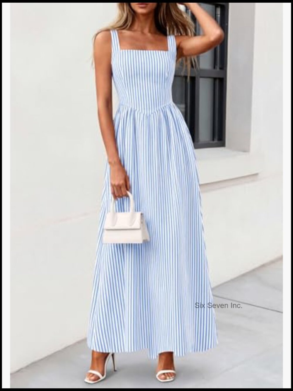 Maxi Dress Striped Sundress Smocked A Line Flowy Beach Vacation Party - Picture 4 of 7